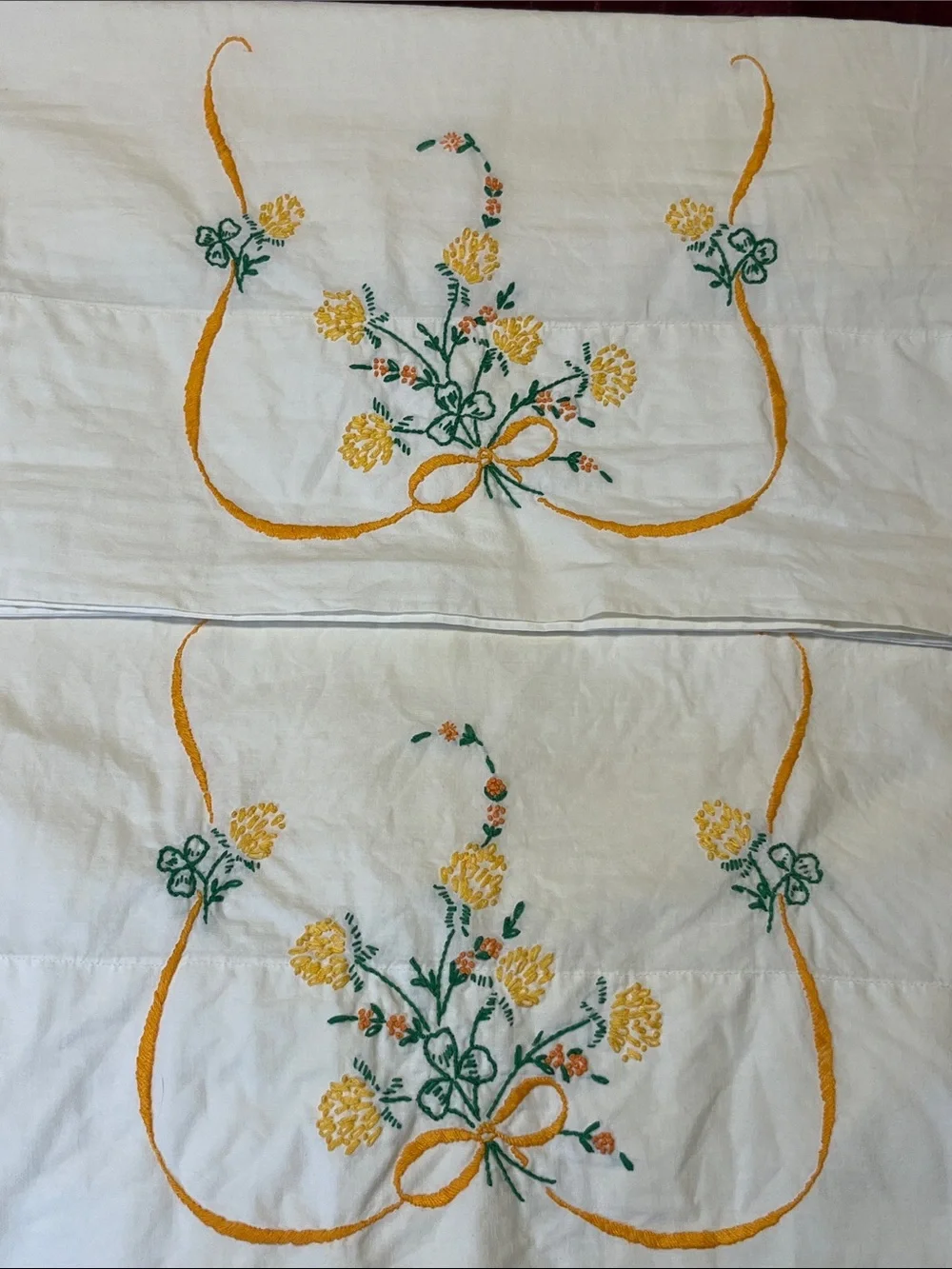 Set of 2, 1950’s Hand-Embroidered Pillowcases- As Is Condition- Light age spots